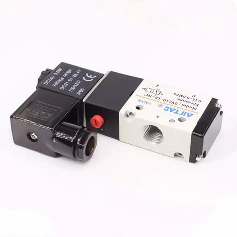 DC24V 3/2 Way Solenoid Valve, 1/4 Inch PT, Normally Closed, Aluminum Body, Model 3V210-08, showcasing plug-and-play design