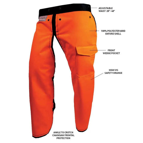 Hi Vis Safety Orange Apron Style Chainsaw Chaps Type A Frontal Protection 5 Layer Chain Stopping Protective Fiber UL Certified ASTM F1897 20 OSHA 1910 266 showing adjustable waist and pocket