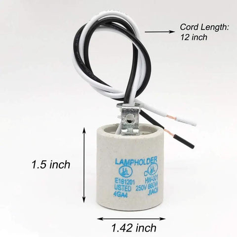 Front view of Durable Ceramic E26 And E27 Light Socket with 12 inch wire lead showing measurements
