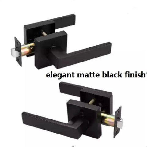 Privacy Door Handles With Heavy Duty Matte Lever Hardware And Keyless Interior Knob Lockset showing matte black finish.