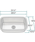 Dimensions of 31.5 Inch Undermount Single Bowl Kitchen Sink In 16 Gauge 304 Stainless Steel With Brushed Satin Finish