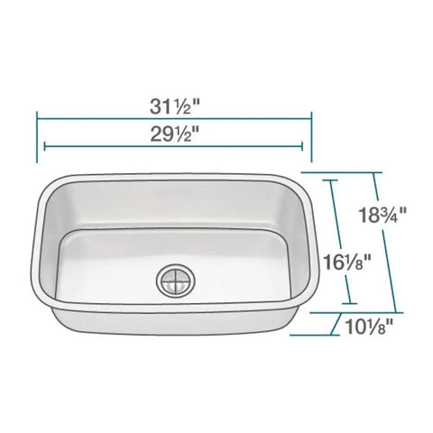 Dimensions of 31.5 Inch Undermount Single Bowl Kitchen Sink In 16 Gauge 304 Stainless Steel With Brushed Satin Finish