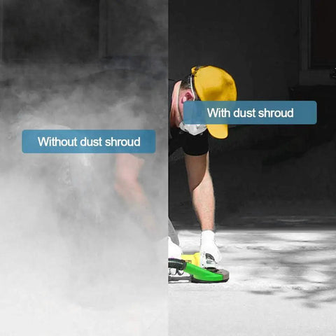 Comparative image showing grinding with and without Power Dust Shroud For Angle Grinders 4.5 Inch And 5 Inch Includes Diamond Grinding Cup Wheel Universal Surface Grinding Shield For Concrete Cement Marble Rock Granite Fits Most Grinders.