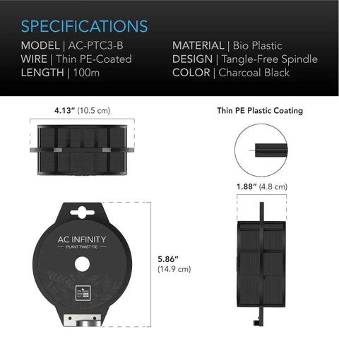 Specifications of AC Infinity Twist Ties With Built In Cutter, 100m All Purpose Reusable Black Wire Plant Ties diagram