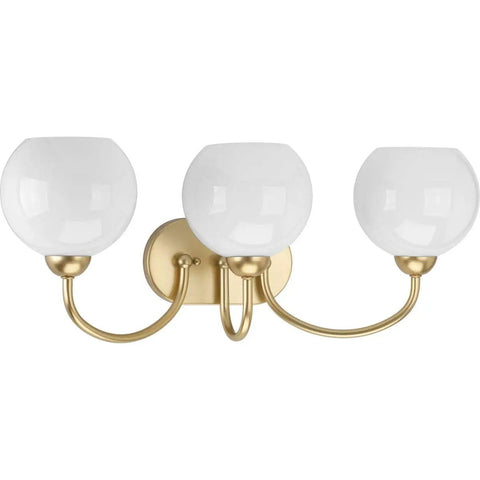 Carisa Collection 3-Light Opal Glass Bath Vanity Light In Vintage Gold Finish With White Globe Shades, wall-mounted front view.
