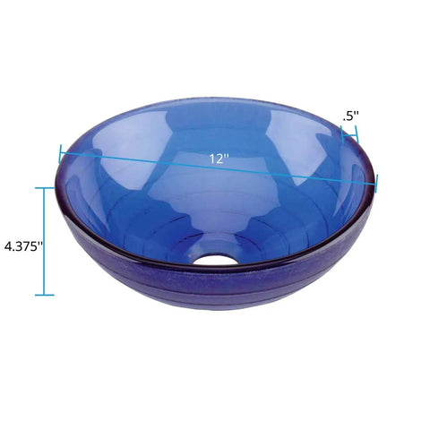 Blue Glass Vessel Sink Round Bathroom Vanity Bowl With Tempered Glass Shatter Resistant Construction, 12 inch diameter