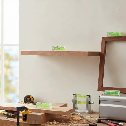 Bubble Level Vial, Spirit Level on wooden shelf during a DIY project with tools and materials in view.