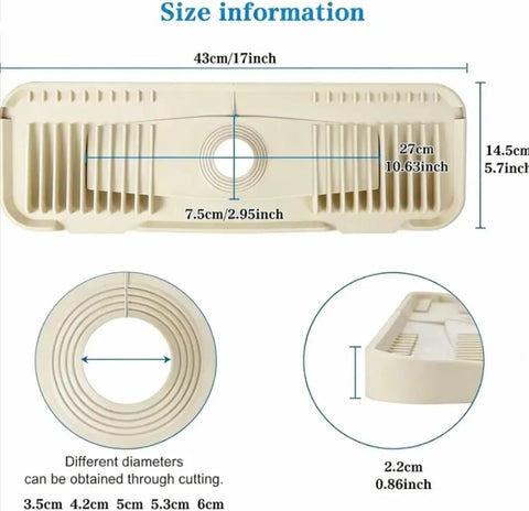 Size information for 2nd Generation Silicone Faucet Mat, Kitchen Silicone Faucet Drip Catcher with Cuttable Circular Central for Kitchen Sink, Tailor-Made for Faucets with Deck Plate【Beige】.