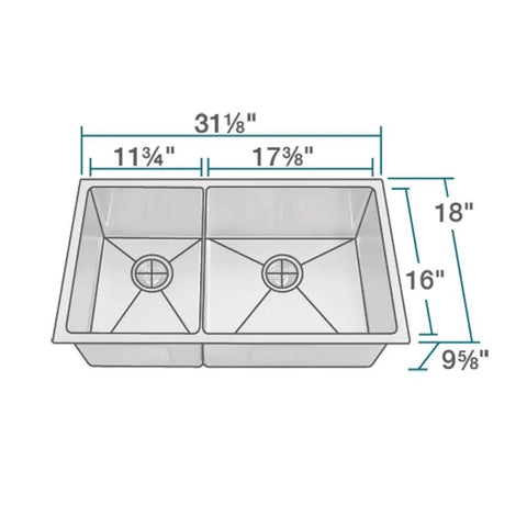 Diagram of Undermount Stainless Steel Kitchen Sink With Double Bowl 31 Inch 40 60 Split 18 Gauge 304 Grade, showcasing measurements.
