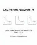 Diagram of L Shaped Furniture Leg Replacement With Stainless Steel Support displaying size and weight specifications.