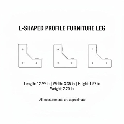 Diagram of L Shaped Furniture Leg Replacement With Stainless Steel Support displaying size and weight specifications.