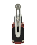Front view of an adjustable roller limit switch with roller lever, metal body, red mounting base, 1NO+1NC contacts