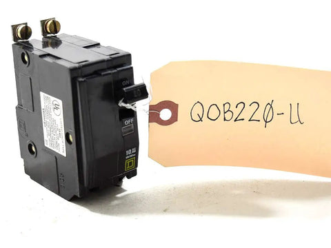 2 Pole Bolt On Circuit Breaker 20 Amp 120 240 VAC And 48 VDC QOB220 Style UL CSA Approved, front view with label