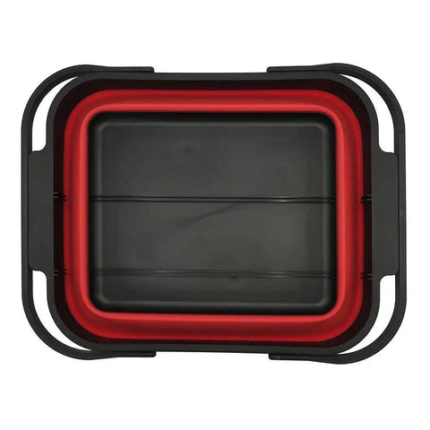 Top view of Collapsible Caddy Tote With Fold Down Handles And Removable Section For Customizable Storage And Easy Gear Transport In Red And Black Grillin Tailgatin Campin And Home Organization