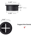 Premium Flexible Silicone Cable Cord Grommet Set 1 Inch Black showing dimensions and hole size for desk wire management.