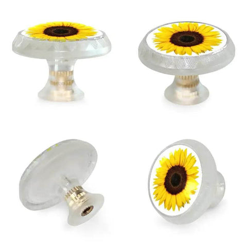 Snag Up These Fresh Transparent Round Cabinet Knobs, Tight 1.37 Inch Single Hole Drawer Pulls For Dresser Doors And Kitchen Cabinets, Killer Sunflower Pattern, Clean Home Upgrade, Four Pack - Clear glass knobs with sunflower design.