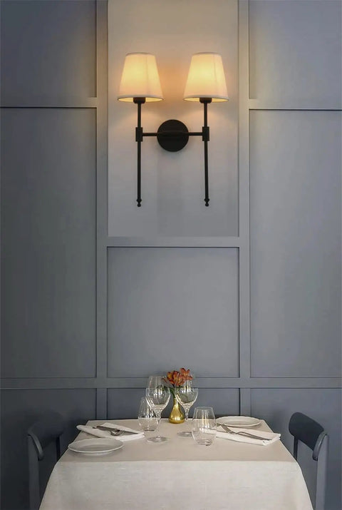 Classic Rustic Double Wall Sconce Lighting Fixture With Flared White Textile Shade And Black Long Arm For Bedroom Bathroom And Hallway, Dope 2 Light Wall Light, E26 LED Compatible, Dimmable above a dining table