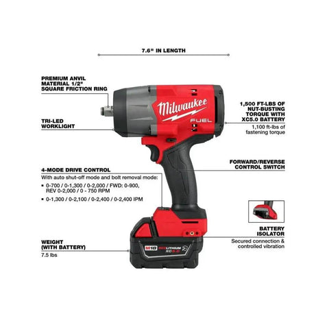 Half Inch High Torque Cordless Impact Wrench Kit With Friction Ring Brushless Workhorse Professional Grade 18 Volt Battery close-up image showing features and specifications.