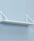 Legit Heavy Duty Metal Corner Brackets For Walls, Straight Up Strong Triangular Shelf Supports, Boss Level Floating Decorative Hardware Kit With Fly Vintage White Finish And Quick Setup, 2 Pack 11.8 Inch Size shelf mounted on wall with triangular brackets in vintage white finish