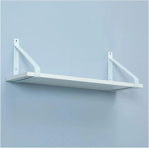 Legit Heavy Duty Metal Corner Brackets For Walls, Straight Up Strong Triangular Shelf Supports, Boss Level Floating Decorative Hardware Kit With Fly Vintage White Finish And Quick Setup, 2 Pack 11.8 Inch Size shelf mounted on wall with triangular brackets in vintage white finish