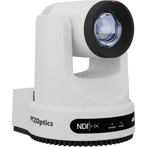 Straight Fire Bundle Featuring Five 4K PTZ Cameras With 20x Optical Zoom And SDI HDMI USB IP Support Plus One Smooth Joystick Controller And Five White Wall Mounts For Streamers, close-up view of PTZ camera.