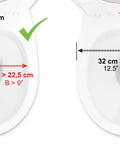 Diagram showing measurements for 4 Inch Soft Raised Toilet Seat With Lid For Easy Sit Down And Stand Up Handles Included, 300 Lb Capacity, Fits Round And Compact Elongated Bowls Up To 15 Inches Wide, Tool Free Clamp On Riser, Black.