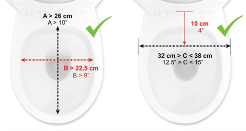 Diagram showing measurements for 4 Inch Soft Raised Toilet Seat With Lid For Easy Sit Down And Stand Up Handles Included, 300 Lb Capacity, Fits Round And Compact Elongated Bowls Up To 15 Inches Wide, Tool Free Clamp On Riser, Black.