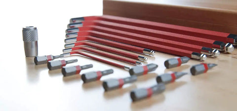 Long Hex Key Set With Magnetic Quarter Inch Driver, Extra Long S-2 Steel Allen Wrenches In 2 2.5 3 4 5 6 8 10mm With Textured Non Slip Grips, 17-4 Magnetic Driver Converts 6mm Hex To Quarter Inch, Includes CNC Wood Case, displayed on a table