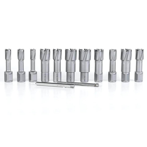 OSCARBIDE carbide TCT annular cutter set, 13 pcs with Weldon shanks and pilot pins for magnetic drill press