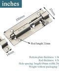 Heavy Duty Stainless Steel Slide Barrel Bolt Gate Latch Four Pack 4 inches with measurements and secure grip details
