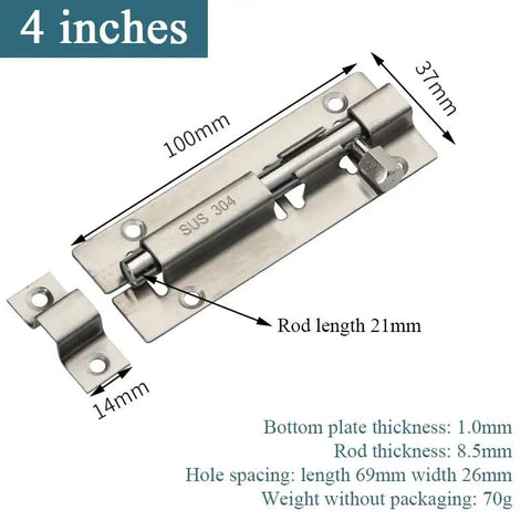 Heavy Duty Stainless Steel Slide Barrel Bolt Gate Latch Four Pack 4 inches with measurements and secure grip details