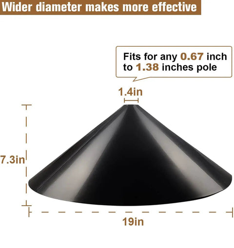 Heavy Duty Squirrel Proof Bird Feeder Baffle 19 Inch Diameter Pole Mount Shield showing dimensions and pole compatibility