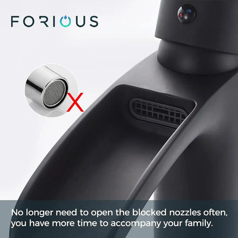 Close-up of Black 6 Inch Corner Bathroom Sink Faucet With Waterfall Flow Single Hole Design Dope Look Metal Pop Up Drain Stopper Included Supply Lines Easy Temp Control Sleek RV Friendly Bathroom Tap