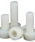 Top Shelf M3x8 Nylon PA66 Hex Socket Head Cap Screws Nuts And Washers Assortment Kit featuring four white nylon hex socket screws.