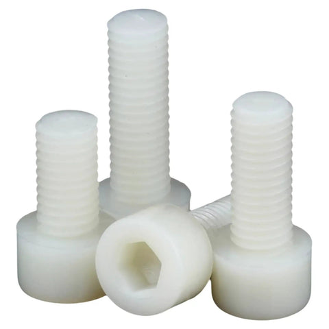 Top Shelf M3x8 Nylon PA66 Hex Socket Head Cap Screws Nuts And Washers Assortment Kit featuring four white nylon hex socket screws.