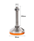 Beefy Adjustable Furniture Levelers M12x100mm Thread Rock Solid Heavy Duty Carbon Steel Thickened Support Legs view with dimensions shown.