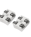 Front view of two white porcelain ceramic 2-way terminal blocks with metal screw clamps for electrical wiring (30A), 2 pcs