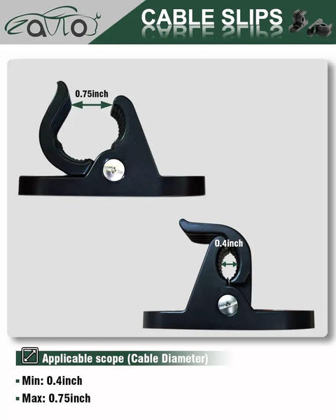 Slick Heavy Duty Wall Mount EV Charger Holder For Portable Type 1 Plug In Cables Rugged Polymer Clamp showing sizes 0.4 to 0.75 inches.