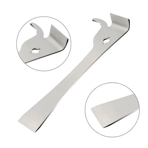 3-Piece Pro-Grade Hive Scraper Tools Set With J-Hook, polished stainless steel beekeeping scrapers, close-up of tool edges