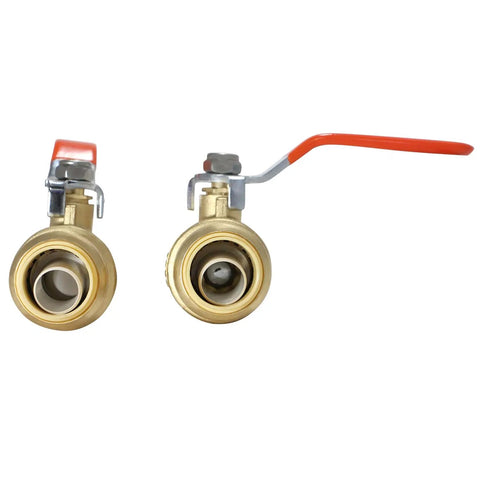 10-Piece 3/4-Inch Push Fit Ball Valve Set for Copper CPVC and PEX Piping, brass body with red handle, front view