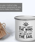 Sailor Camper Mug 12oz We Can Adjust The Sail with gifts, perfect for boaters and shipmates. Navy themed, ceramic, keeps beverages steady.