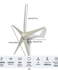 1200W Wind Turbine Generator Kit For Home Use With 5 Blades Off Grid Ready, 12V 800RPM Power System Controller Included, side view