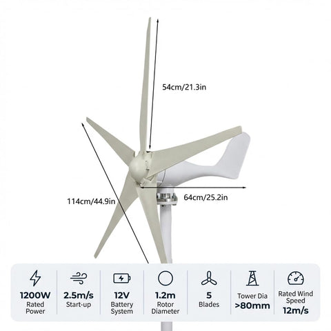 1200W Wind Power Generator Kit With 12V 24V Start 2.5 Meters Per Second Turbine Easy Install Charging Controller DC 27 To 54V
