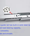 Whisper Quiet 3-Section Full Extension Drawer Runners with Ball Bearing Telescoping Rails, stainless steel slides close-up
