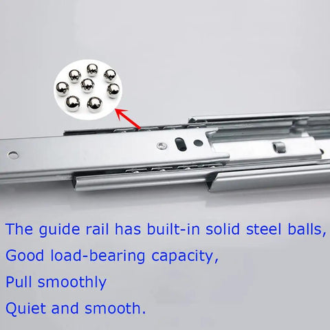 Whisper Quiet 3-Section Full Extension Drawer Runners with Ball Bearing Telescoping Rails, stainless steel slides close-up