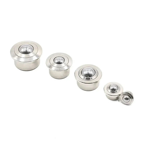 20 Pack Of Heavy Duty Nylon Ball Transfer Units With Embedded Roller Bearings For Seamless Multi Directional Motion On Conveyors And Workbenches Rolls Like Butter Under Tough Shop Loads - four sizes displayed.