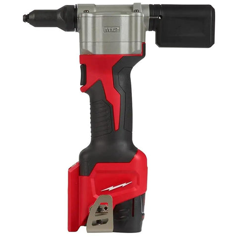 Job Ready Cordless Rivet Gun Kit With Ridiculous Pulling Power And A Built Different Compact Body That Cranks Out Steel Fasteners On Just One Solid Battery Charge, showing side view of compact red and black design.