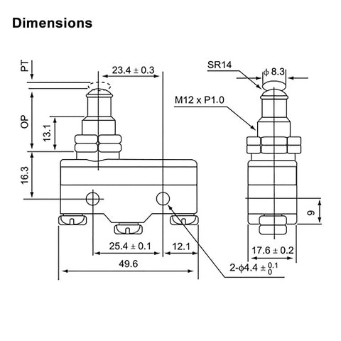 Plate Mounting Plunger Micro Switch BM-1307 Two Pack 250VAC 15A CE Certified Durable Built To Last Industrial Switch With Long Mechanical Life And Electrical Life Compact Size 1.97 X 0.70 X 1.00 In., dimension drawing with M12 x P1.0 thread