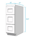 No Fuss Ready To Assemble Shaker Bathroom Vanity Cabinet In Husk Color With Three Spacious Drawers Solid Face Framed All Wood Construction Quick Setup For Custom Hardware dimensions diagram showing 12" x 21" x 34.5" size.