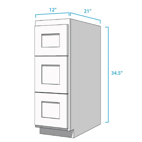 No Fuss Ready To Assemble Shaker Bathroom Vanity Cabinet In Husk Color With Three Spacious Drawers Solid Face Framed All Wood Construction Quick Setup For Custom Hardware dimensions diagram showing 12" x 21" x 34.5" size.